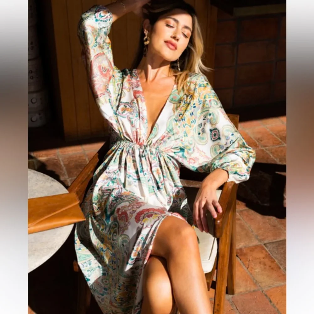 VICI Paisley Print Deep V Long Sleeve Silky Boho Maxi Dress Size XS - Picture 4 of 10